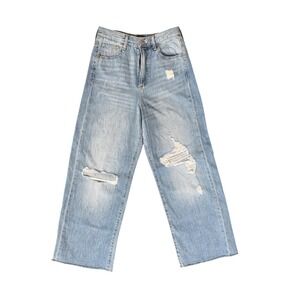 EXPRESS Women Distressed Wide Leg Super High Rise Light Wash Denim Jeans